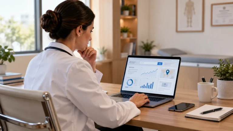 Médica em consultório analisando dados de presença digital no notebook.