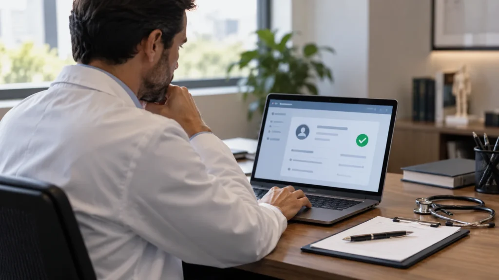 Médico em consultório conferindo informações de registro profissional em um notebook.