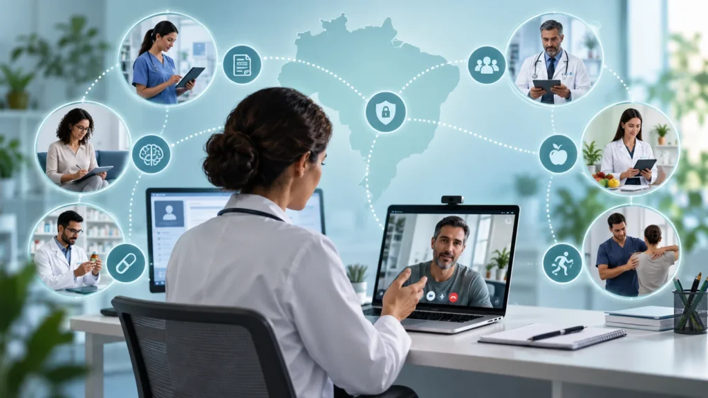 Médica realiza teleconsulta em ambiente digital conectado a diferentes profissionais de saúde sobre um mapa do Brasil.