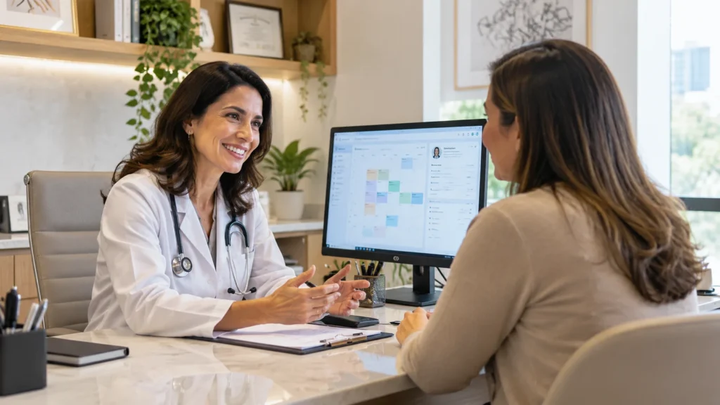 Médica conversa com paciente em consultório, com sistema de agenda exibido no computador.