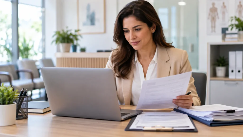 Pessoa revisando documentos ao lado de um notebook em uma recepção de clínica.