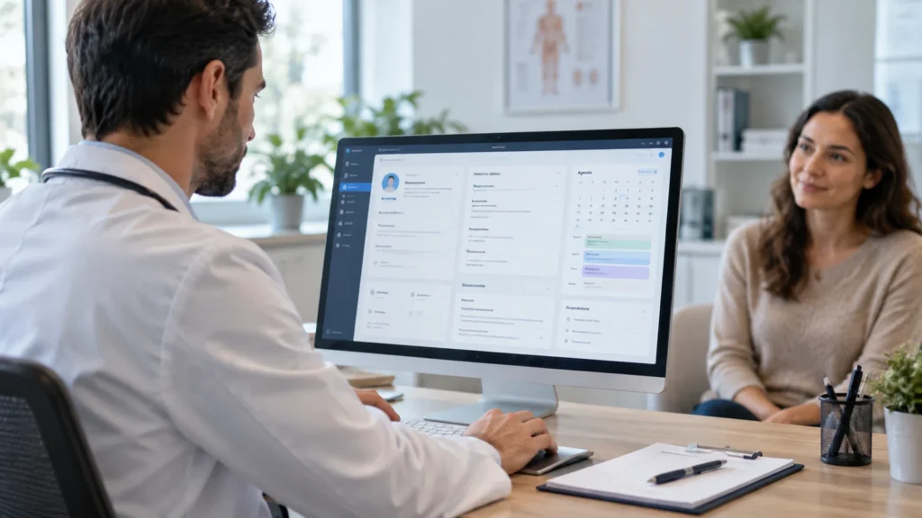 Médico utiliza prontuário eletrônico em computador durante consulta com paciente.