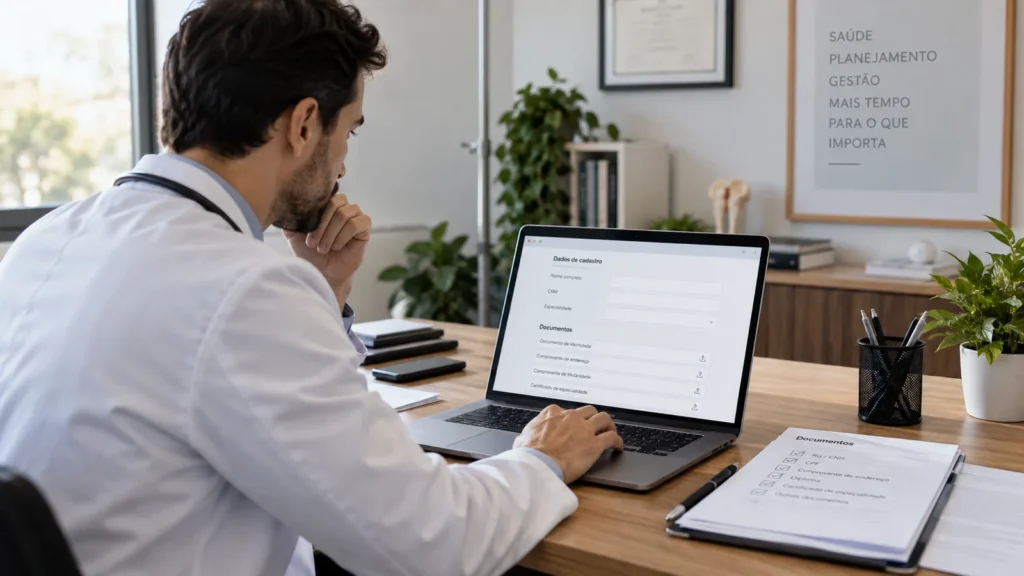 Médico em consultório analisando documentos de credenciamento em plano de saúde.