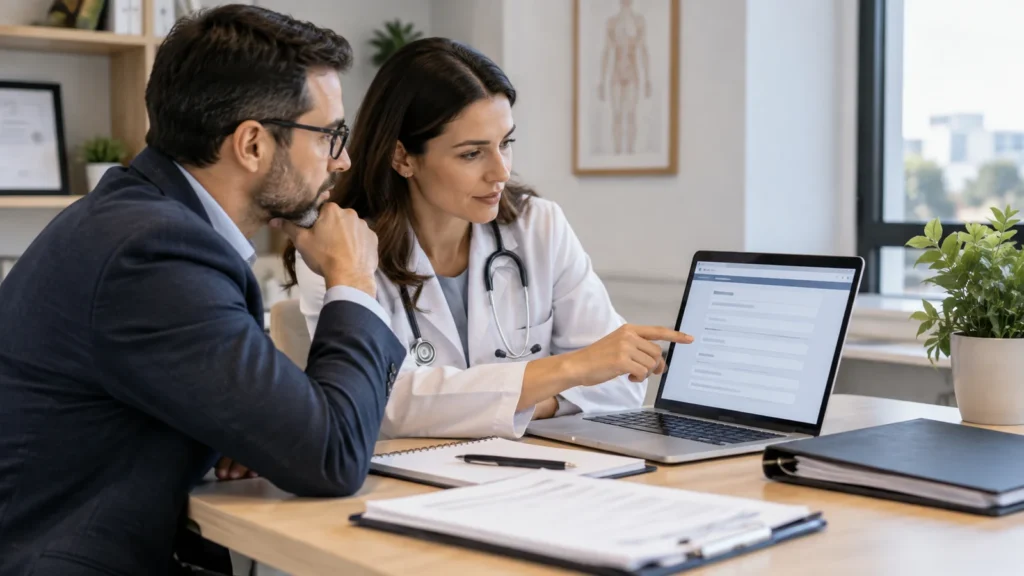 Médica e gestor analisam formulário de credenciamento em notebook no consultório.