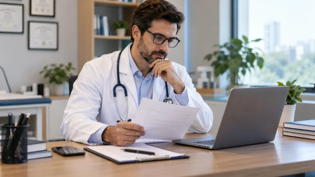Médico em consultório revisando documentos ao lado de um notebook.