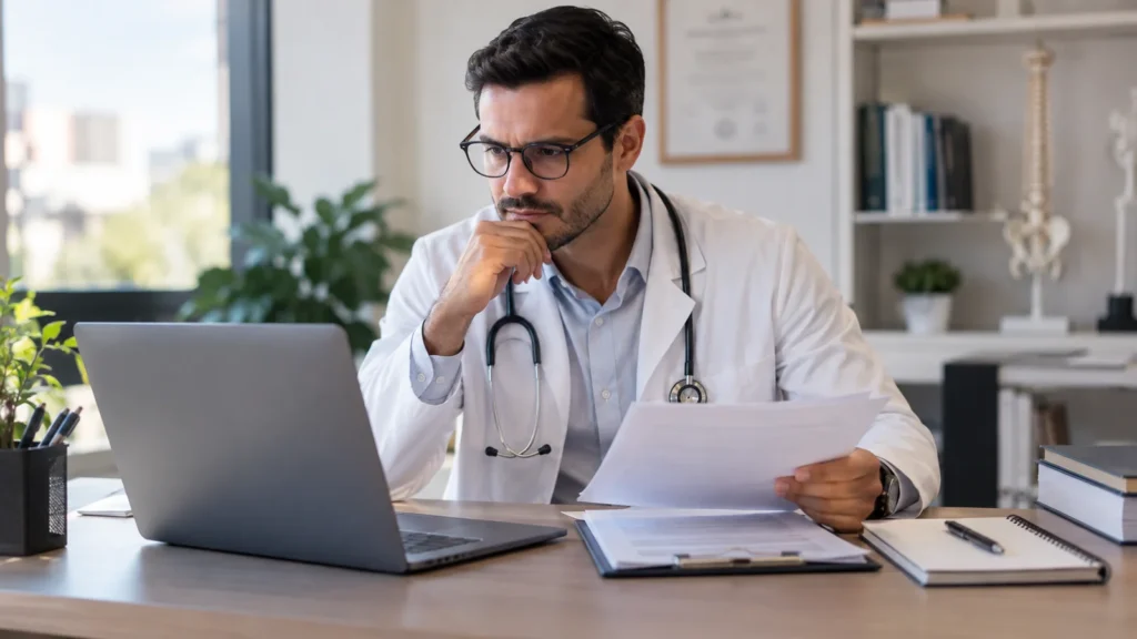 Médico em consultório analisando documentos ao lado de um notebook.