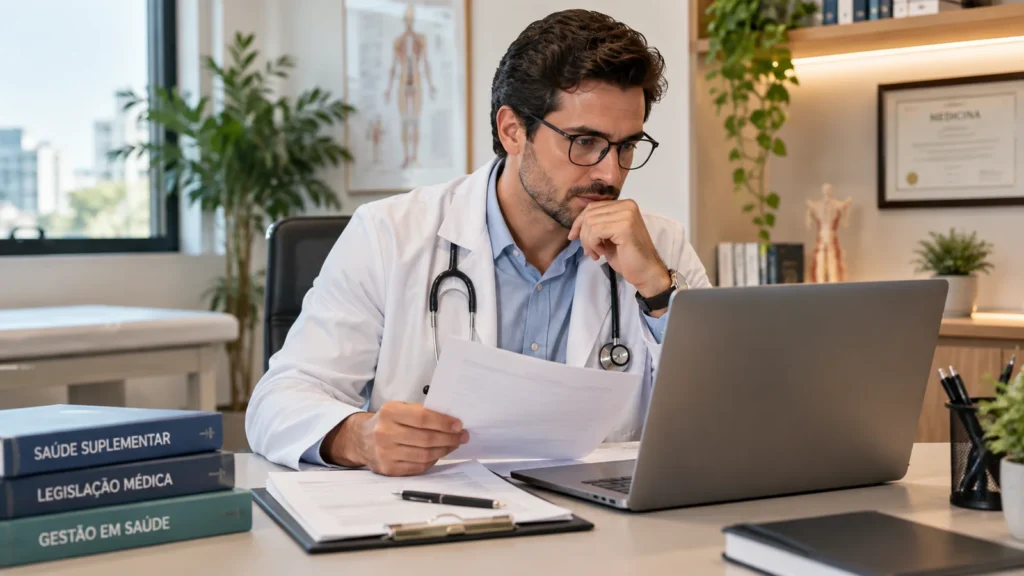 Médico em consultório analisando documentos ao lado de um notebook.
