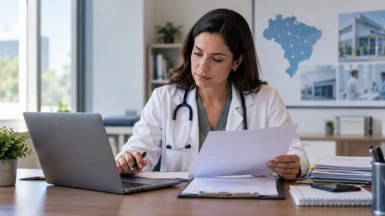 Médica analisa documentos de credenciamento em um consultório, com notebook e materiais administrativos sobre a mesa.