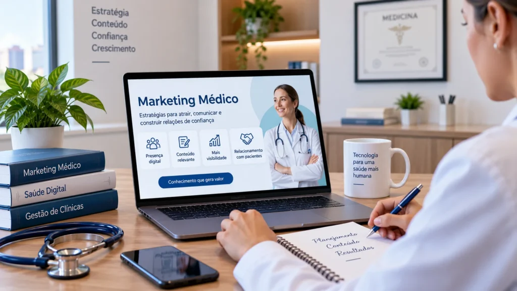 Médico planeja presença digital e conteúdo para comunicação ética de um consultório.