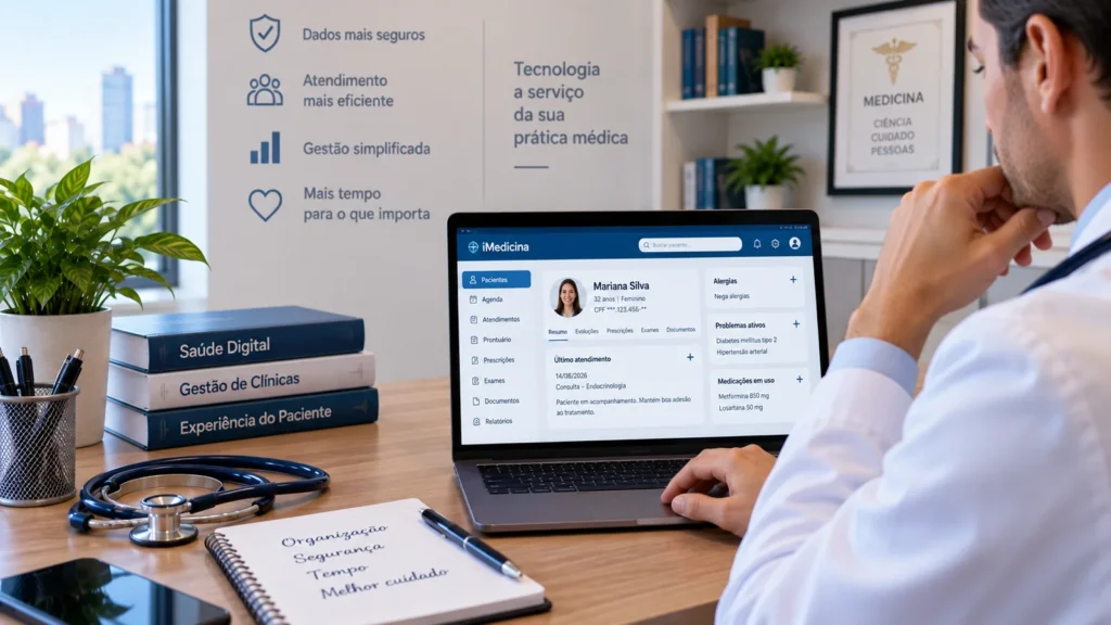 Médico consulta prontuário eletrônico em notebook durante organização dos registros clínicos.